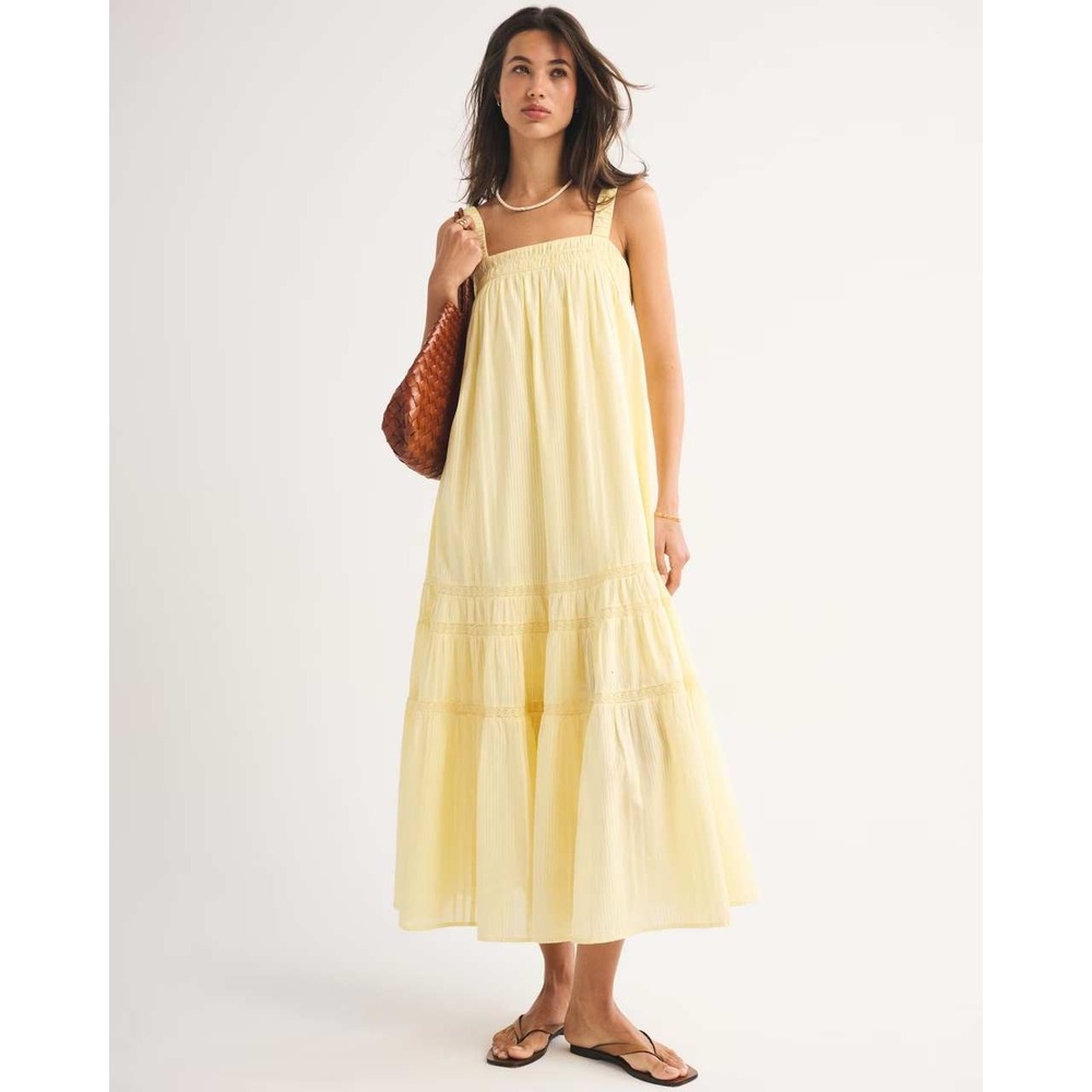Abercrombie & Fitch 100% Cotton Tiered Flowy Maxi Dress Square Neck Women Size M